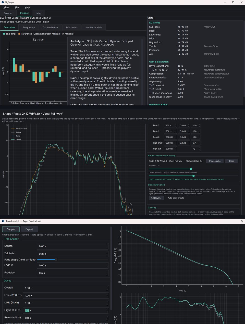 RigScope's three benches: the Amp Bench Inspect view (measured EQ shape, written overview, stats), the Cab Bench impulse-response editor, and the Reverb Bench decay sculptor