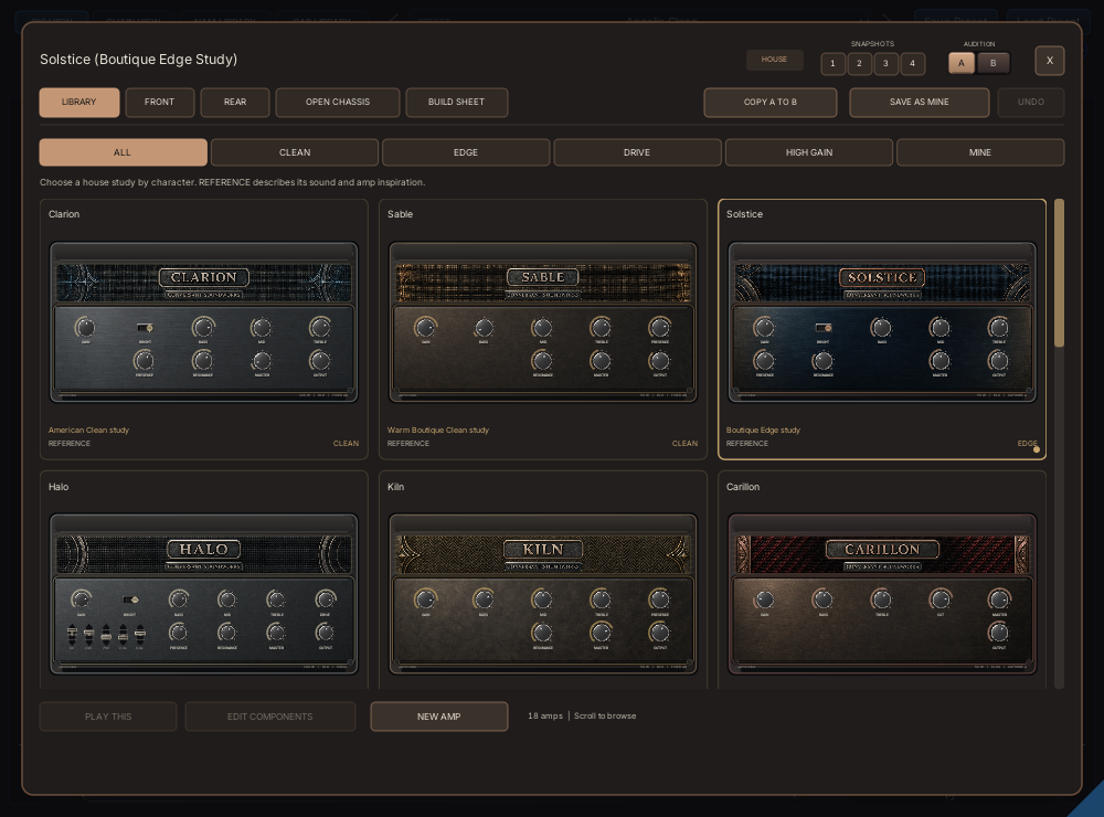 ARTIFICER's scrollable amp library, with rendered heads and controls.