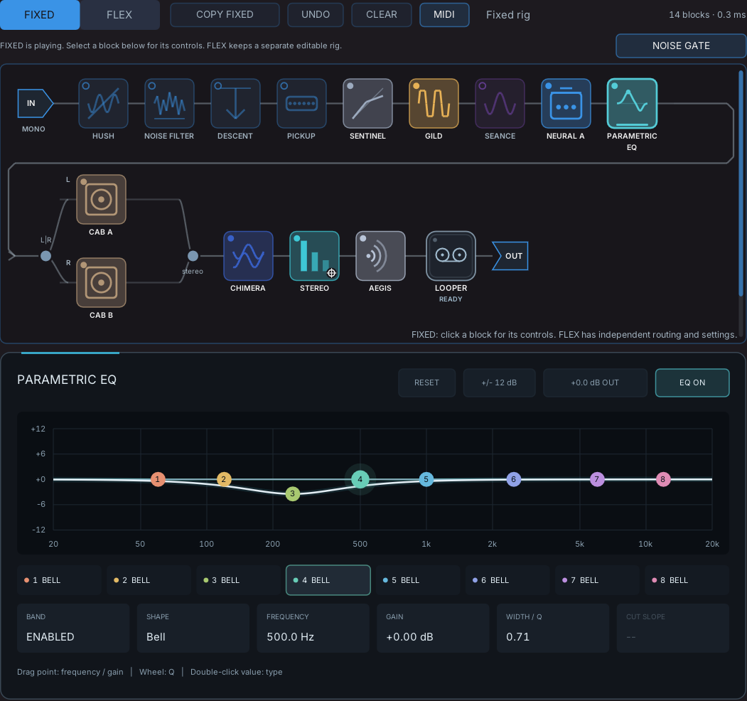 RigSculpt's CHAIN VIEW showing the fixed rig as blocks, with the selected parametric EQ block's controls below.