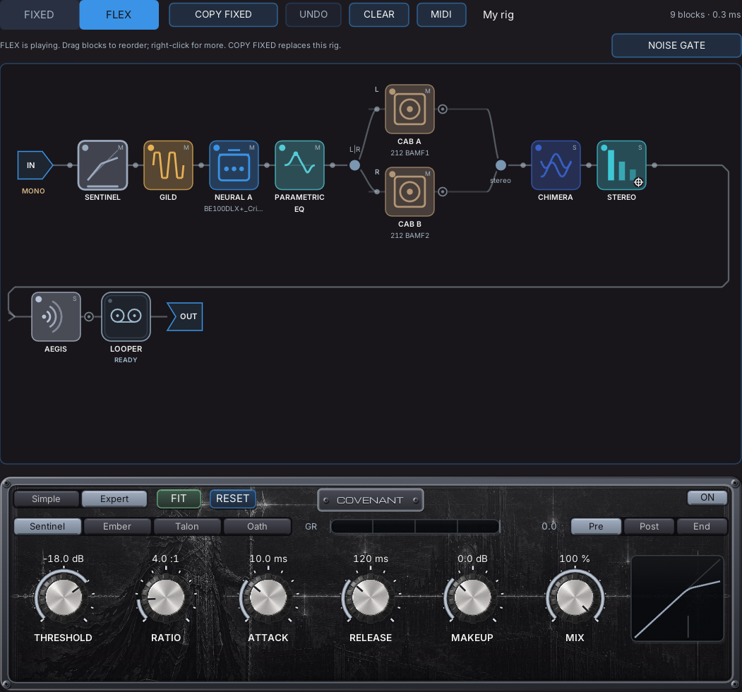 RigSculpt FLEX board with parallel cabinet paths and compressor controls.