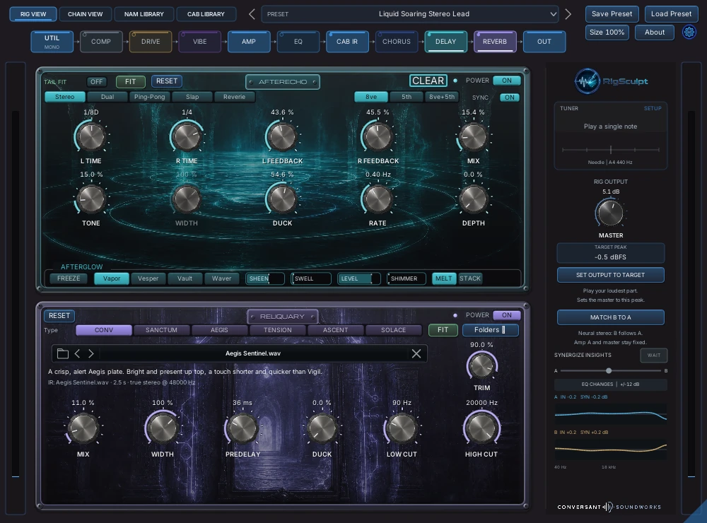 RigSculpt's RIG VIEW on the DELAY page: the delay with its AFTERGLOW pad above, the reverb with its convolution loader below.